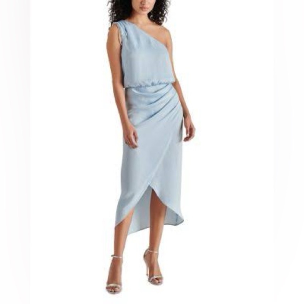 Steve Madden One-Shoulder Pale Blue Draped Midi Dress